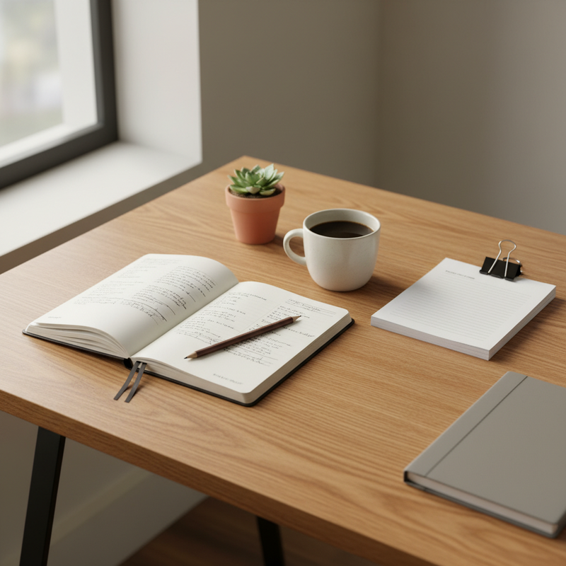 Aufger&auml;umter Arbeitsplatz mit offenem Notizbuch, Stift und Laptop &ndash; Recherche und Planung f&uuml;r Schnittstellen-Projekte