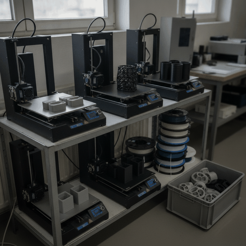 Regal mit vier FDM-3D-Druckern mit offenen Bauräumen, fertige Kunststoffteile auf den Druckbetten, daneben ein Stapel Filamentrollen