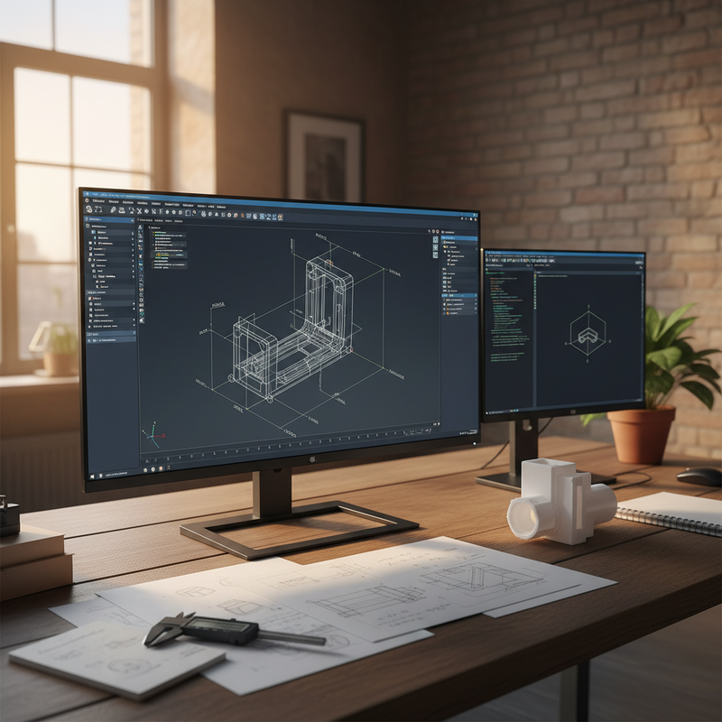Konstruktionsbüro mit großem Monitor, der ein parametrisches CAD-Modell zeigt, daneben 3D-gedruckter Halter und technische Zeichnungen