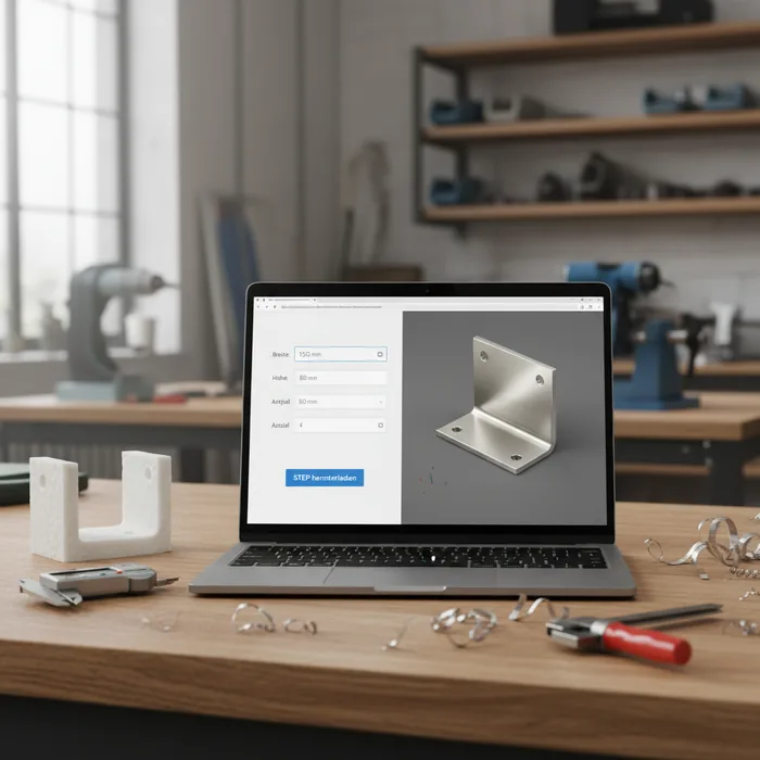 Laptop mit Custom-Eingabemaske, links Eingabefelder für Maße, rechts 3D-Vorschau eines Halters, daneben gedrucktes Bauteil und Schiebelehre