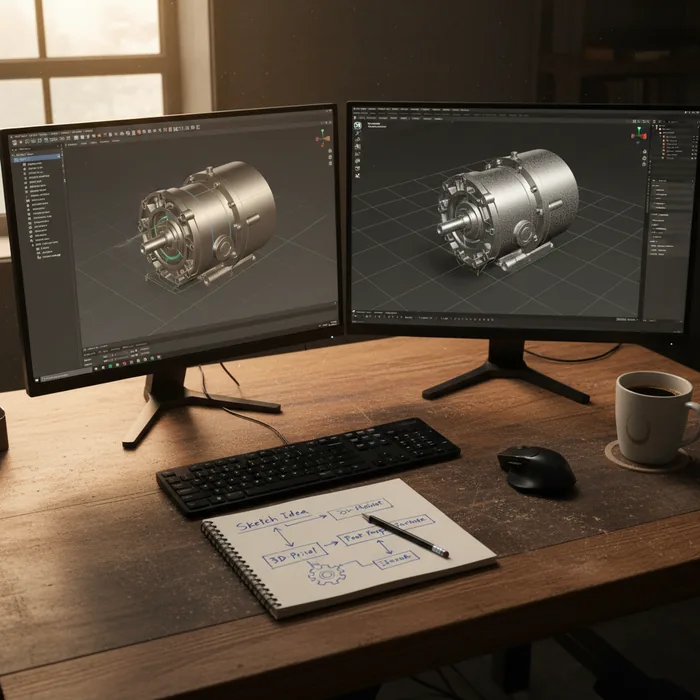 Zwei Bildschirme mit verschiedenen CAD-Programmen, daneben handgezeichneter Workflow im Notizbuch