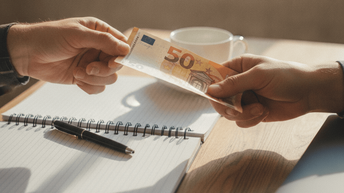 Zwei Hände reichen über einen Holztisch einen 50-Euro-Schein weiter, daneben ein leerer Notizblock