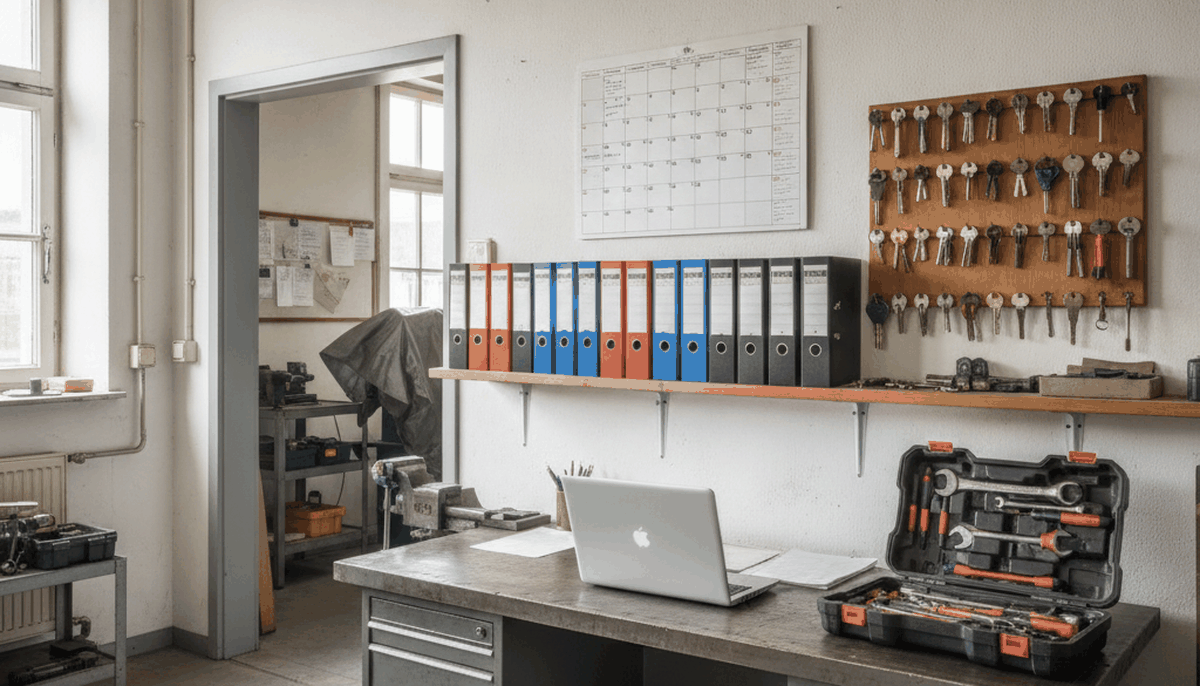 Werkstattbüro mit Wandkalender, Ordnern und einem Notebook auf dem Schreibtisch