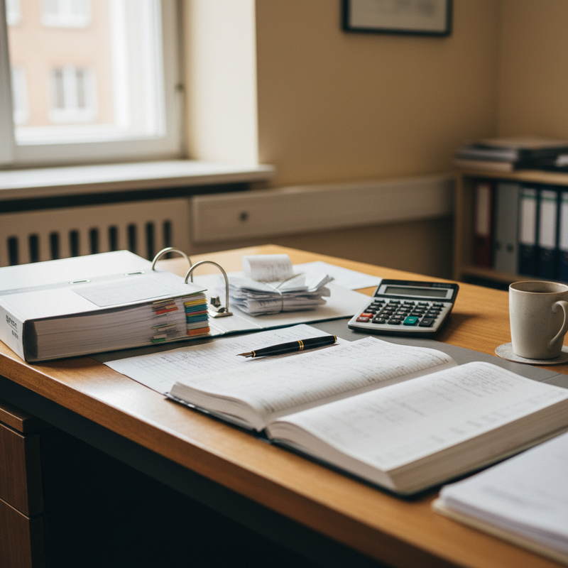 Steuerberater-Schreibtisch mit DATEV-Ordner, Belege-Stapel, Taschenrechner und Füllfederhalter