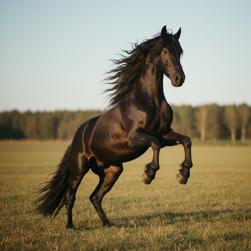 Schwarzer Friese steigend auf Hinterbeinen ohne Zaumzeug, Mähne im Wind, im goldenen Abendlicht — Symbol der ungezähmten Kraft eines Sprachmodells