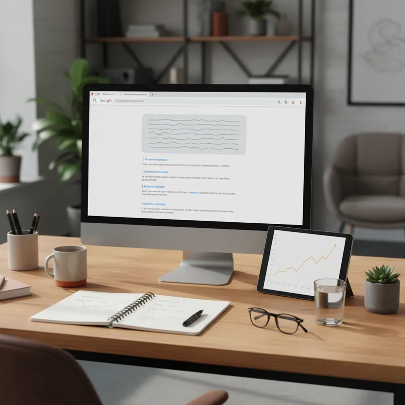 Bildschirm mit Google-Suchergebnis, oben eine KI-generierte Antwortbox mit Quellenangaben, darunter klassische blaue Links. Daneben Notizbuch mit Trend-Diagramm und kleinerer Bildschirm mit Liniendiagramm — dokumentarisches Bild aus deutschem Büro