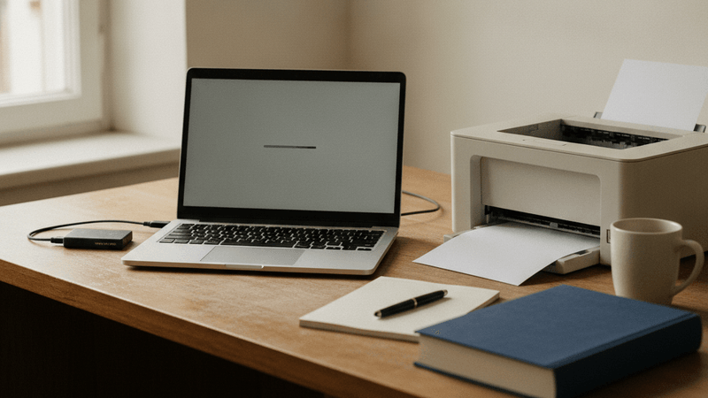 Schreibtisch in einem Büro: ein älterer Laptop mit einer externen SSD am Kabel, daneben ein Drucker, der gerade ein einzelnes Blatt ausgibt, und ein geschlossenes dickes Buch