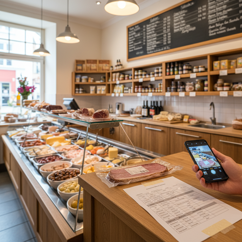 Theke mit Lebensmitteln, Smartphone scannt Barcode