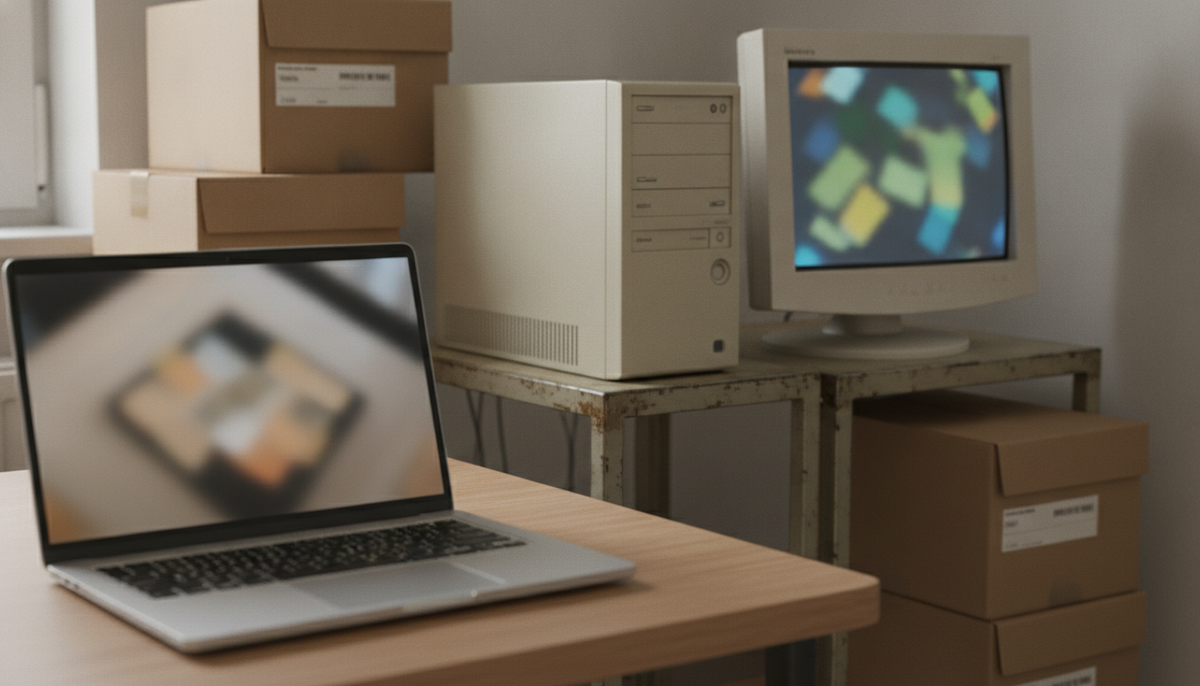 Älterer Bürorechner mit Monitor neben Archivkartons, im Vordergrund ein Notebook mit unscharfer Tabellenansicht
