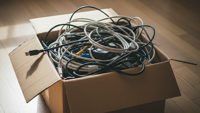 Alte Kabel entsorgen – offener Karton voller Stromkabel, USB-Kabel, Ladekabel und Netzteile zur fachgerechten Entsorgung und zum Recycling