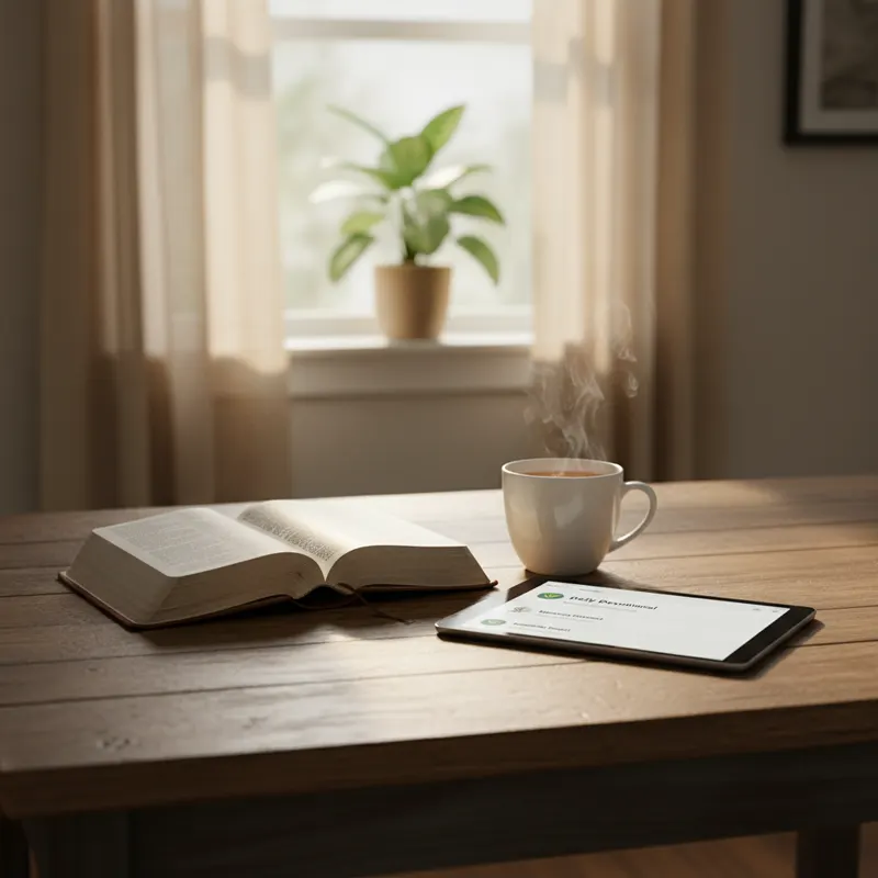 Fr&uuml;hmorgen-K&uuml;chenszene mit aufgeschlagener Bibel, dampfender Tasse und Tablet mit Andachts-E-Mail im Posteingang