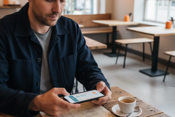 Cafe-Gast bestellt am Tisch über die Kunden-App des Cafes