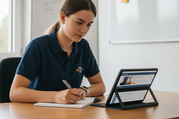 Auszubildende mit Tablet und Notizbuch bei einer Schulung in einem deutschen Bueroraum