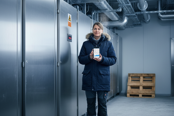 Facility-Managerin im Kuehlhaus liest Live-Werte auf der Sensorik-App