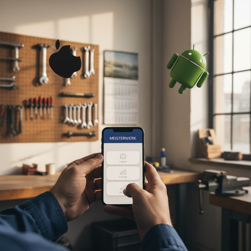 Hand eines Handwerkers haelt ein Smartphone hochkant mit der eigenen Firmen-App, im Hintergrund schweben das Apple- und das Android-Logo durch den Werkstattraum