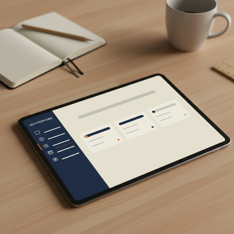 Tablet auf einem Holzschreibtisch, das Querformat-Layout der Firmen-App zeigt eine Sidebar-Navigation und drei Auftragskarten in der &Uuml;bersicht