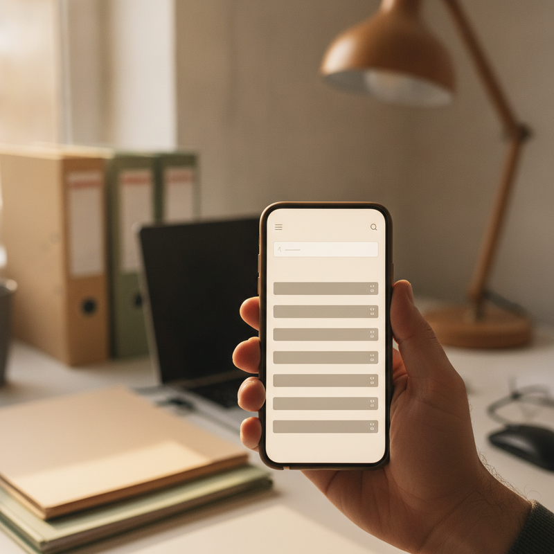 Hand hält ein Smartphone mit einer schlichten Weboberfläche aus Suchfeld und Listeneinträgen, im unscharfen Hintergrund ein Büroschreibtisch mit Ordnern, Notebook und Schreibtischlampe