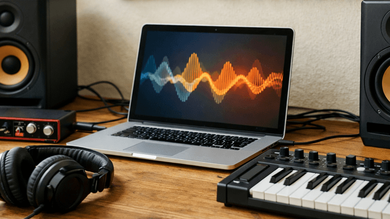 Tonstudio-Schreibtisch mit Lautsprechern, Kopfhörer, Keyboard und Laptop mit Wellenform