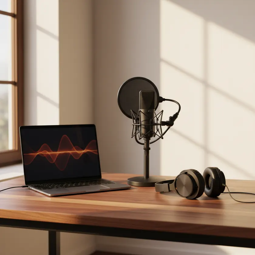 Tonstudio-Arbeitsplatz mit Kondensator-Mikrofon, Kopfh&ouml;rern und Laptop mit Audio-Wellenform auf dem Bildschirm