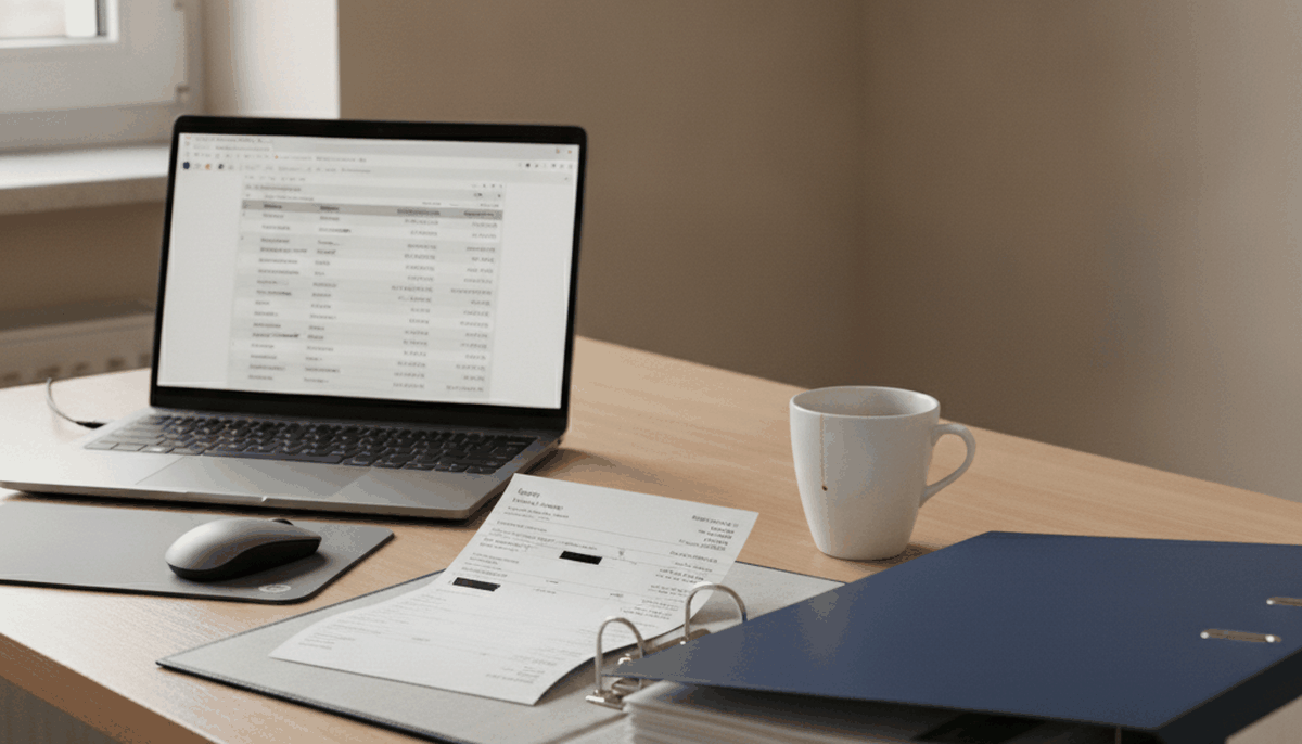 Schreibtisch mit Notebook, Kontoauszug und Ordner im Büro eines kleinen Betriebs