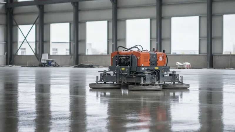 Glättroboter bearbeitet eine grosse frische Betonbodenplatte in einer Industriehalle