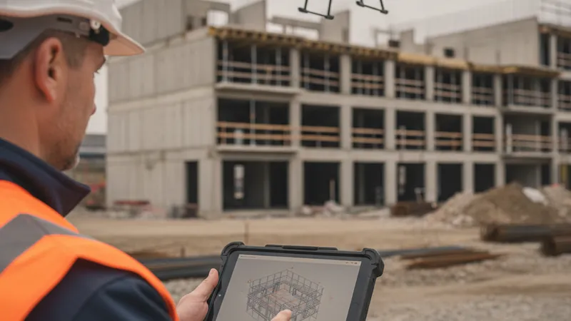 Bauleiter mit Tablet und 3D-Modell, im Hintergrund eine Vermessungsdrohne über dem Rohbau