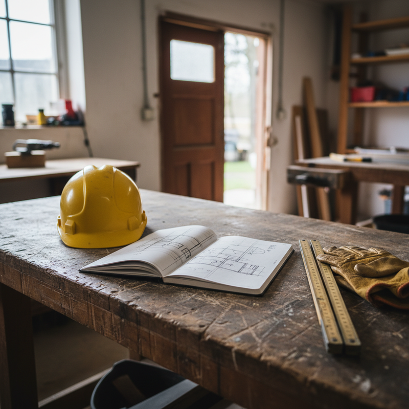 Isometrische Illustration eines Bauhelms und Smartphones mit Sprachwelle, die in ein Dokument &uuml;bergeht