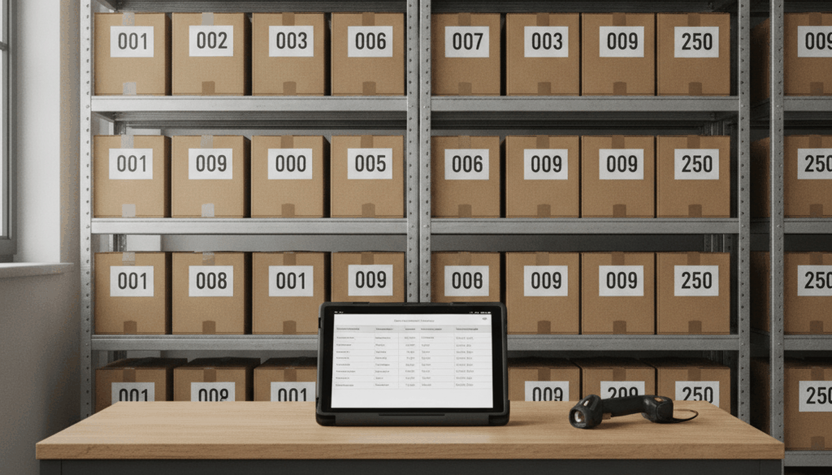Lagerregal mit Kartons und ein Tablet mit Bestandsliste auf einem Packtisch