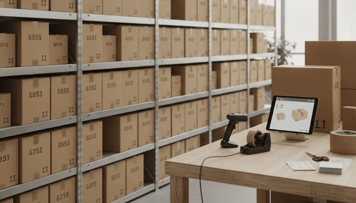 Lagerregal mit nummerierten Kartons und ein Tablet mit Bestandsliste auf dem Packtisch