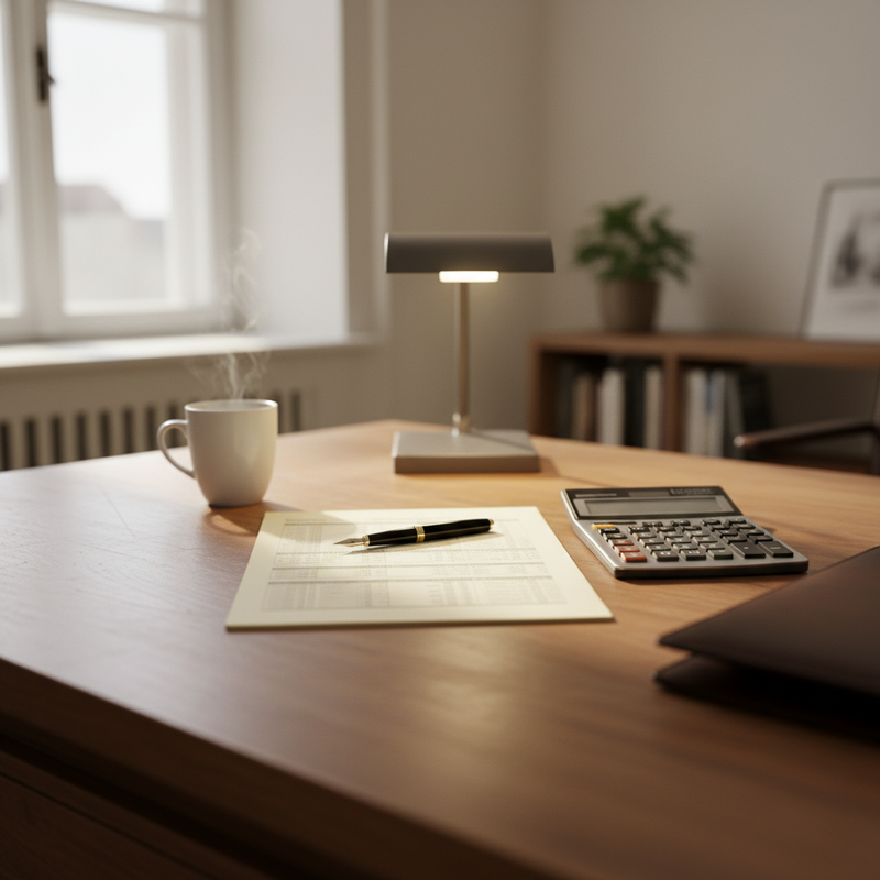 Geschäftsführer-Schreibtisch mit Finanzreport, Taschenrechner, Füllfederhalter und Kaffeetasse