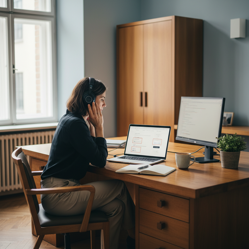 Eine Web-Entwicklerin testet eine Website mit Screenreader-Kopfhörern an einem Holzschreibtisch in einer deutschen Mittelstands-Büroumgebung