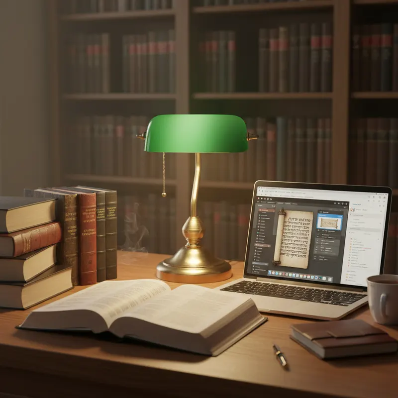 Theologischer Studientisch: gro&szlig;e aufgeschlagene Bibel mit Nachschlagwerken, Laptop mit Studienoberfl&auml;che, Lampenlicht, Kommentare im Hintergrund