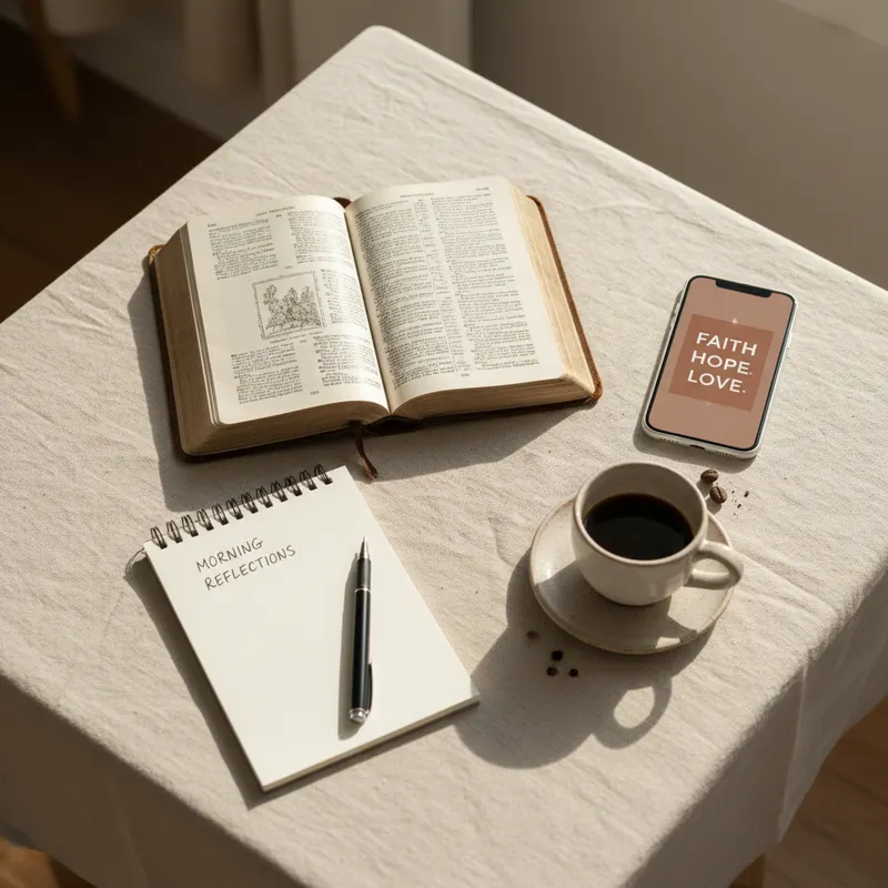 Aufgeschlagene Bibel auf hellem Leinentuch neben Smartphone mit Social-Media-Kachel, Keramiktasse und Notizbuch von oben fotografiert