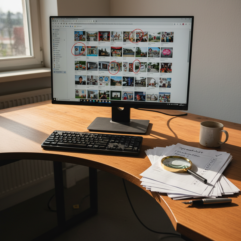 bildwache© &ndash; Schreibtisch mit Monitor, Bilder-Galerie und Lupe in einer deutschen Manufaktur