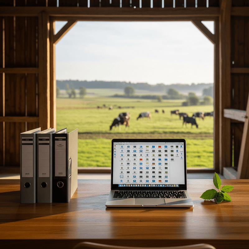 Bio-Hofbüro mit Aktenordnern und Laptop, Blick auf Weiden mit Kühen