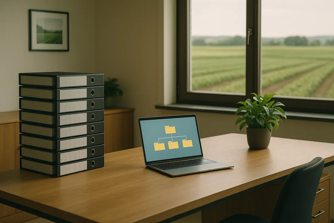Bio-Hofbüro Schreibtisch mit Aktenordnern und Laptop, Hofkulisse