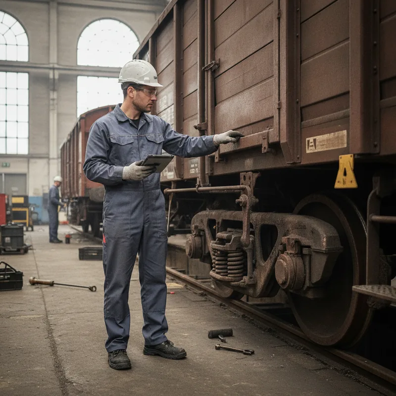 Techniker mit Tablet an der Bremsanlage eines Güterwagens in einer Instandhaltungshalle