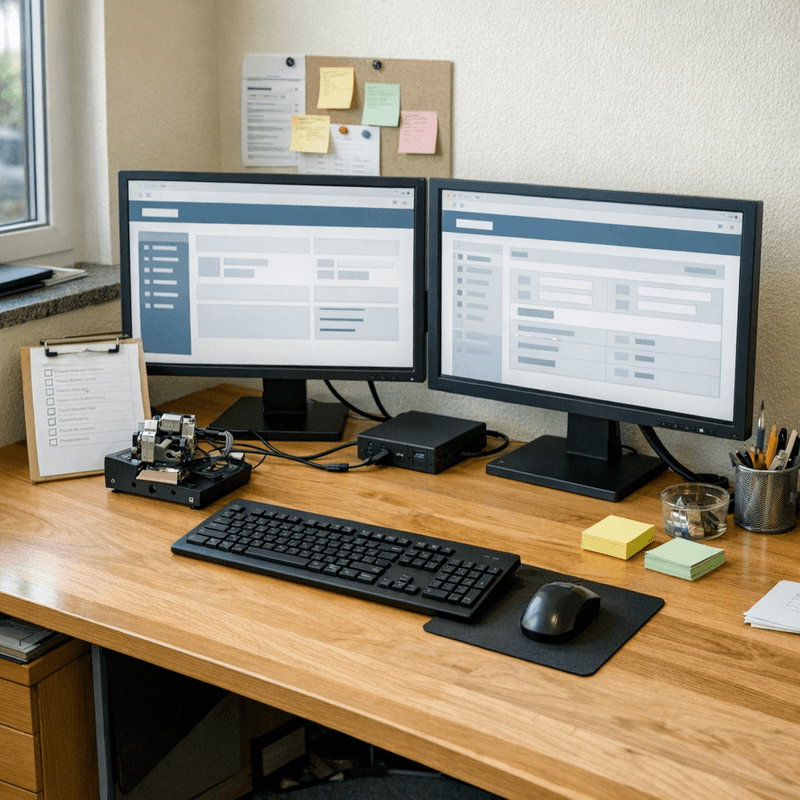 Dokumentarische Arbeitsplatzszene mit mehreren Portalfenstern, Formularnotizen und einem strukturierten Browser-Automations-Setup