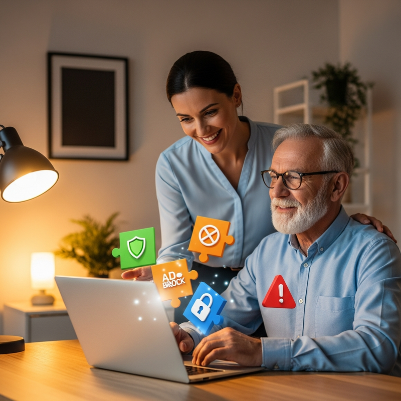 IT-Beraterin hilft aelterem Herrn bei der Einrichtung von Browser-Erweiterungen am Laptop