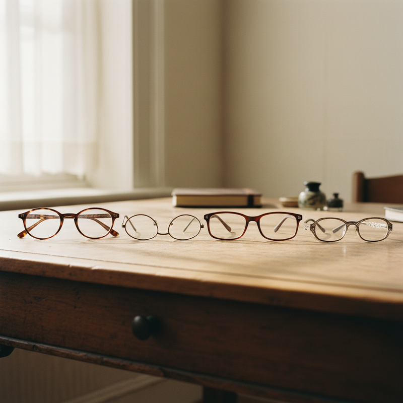 Vier klassische Lese-Brillen in einer Reihe auf Holzschreibtisch — Sinnbild für verschiedene Sichtweisen