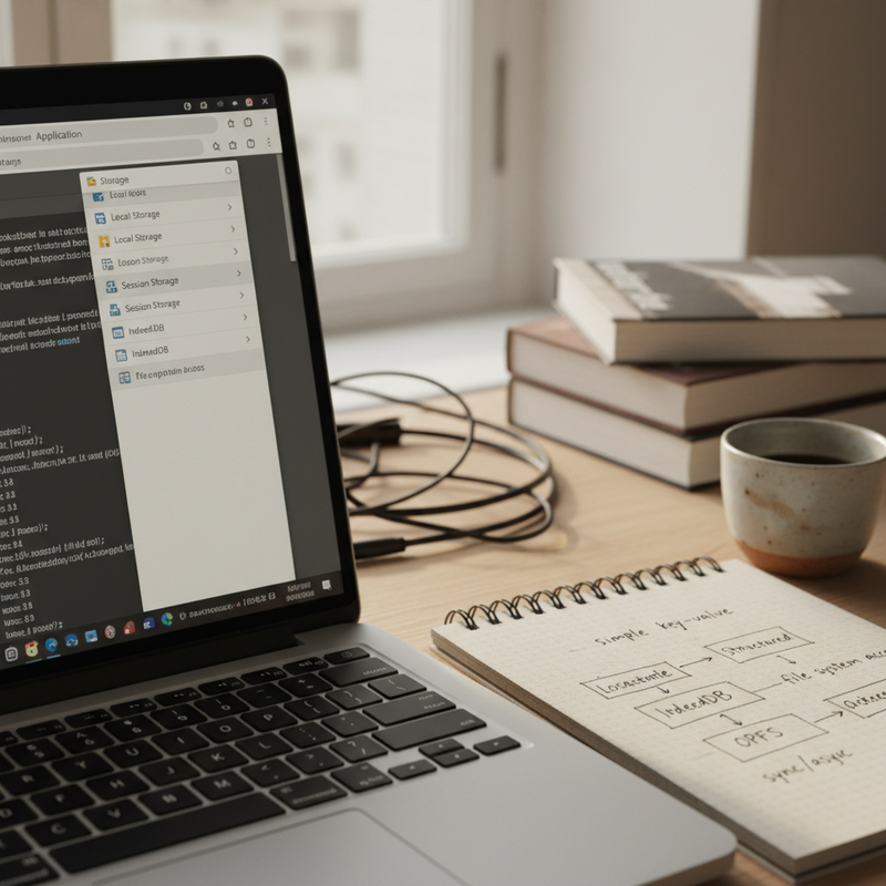 Entwicklerarbeitsplatz mit aufgeklapptem Notebook, sichtbar sind die Browser-DevTools im Application-Tab mit Local Storage, Session Storage und IndexedDB, daneben ein Notizbuch mit handgezeichneten Storage-Diagrammen