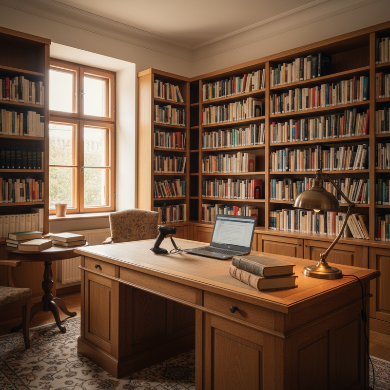 Bibliotheksregal mit Büchern und Laptop