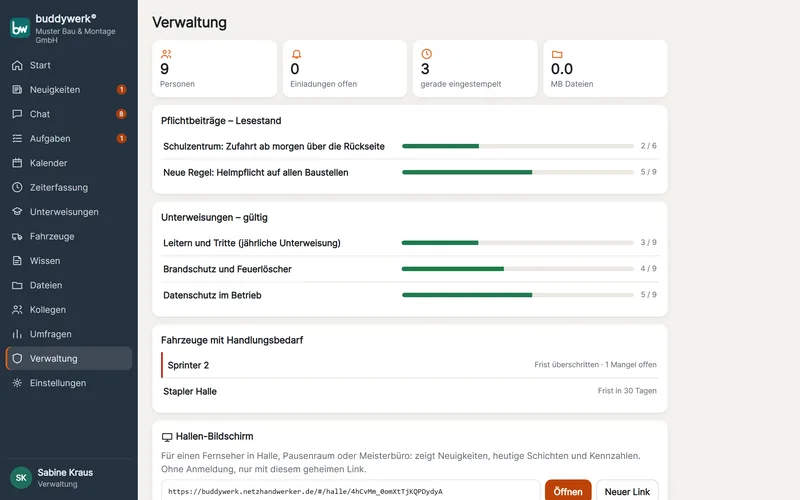 buddywerk© am Laptop: Übersicht für die Leitung mit Lesestand, Unterweisungen und Fahrzeugen
