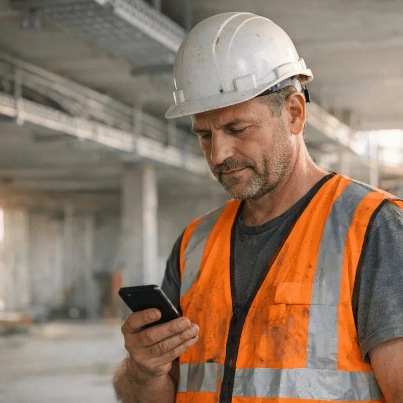 Bauarbeiter mit Handy auf der Baustelle