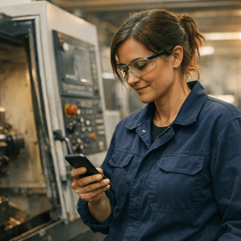Mitarbeiterin an einer CNC-Maschine schaut auf ihr Handy