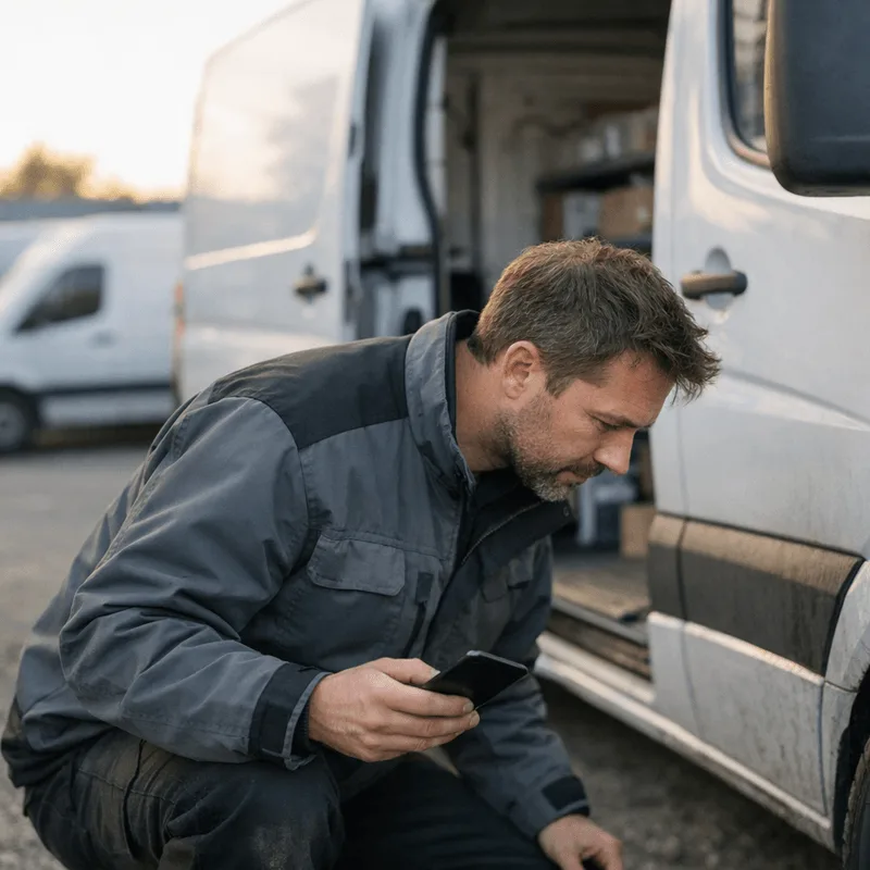 Fahrer prüft vor der Tour den Reifen seines Transporters