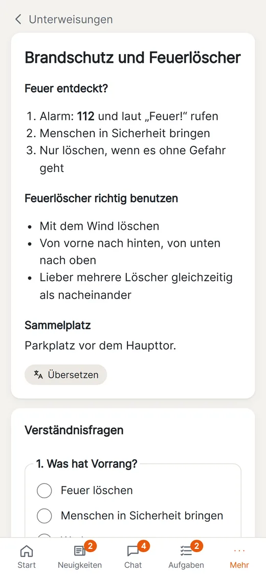 Unterweisung Brandschutz mit Inhalt und Verständnisfragen