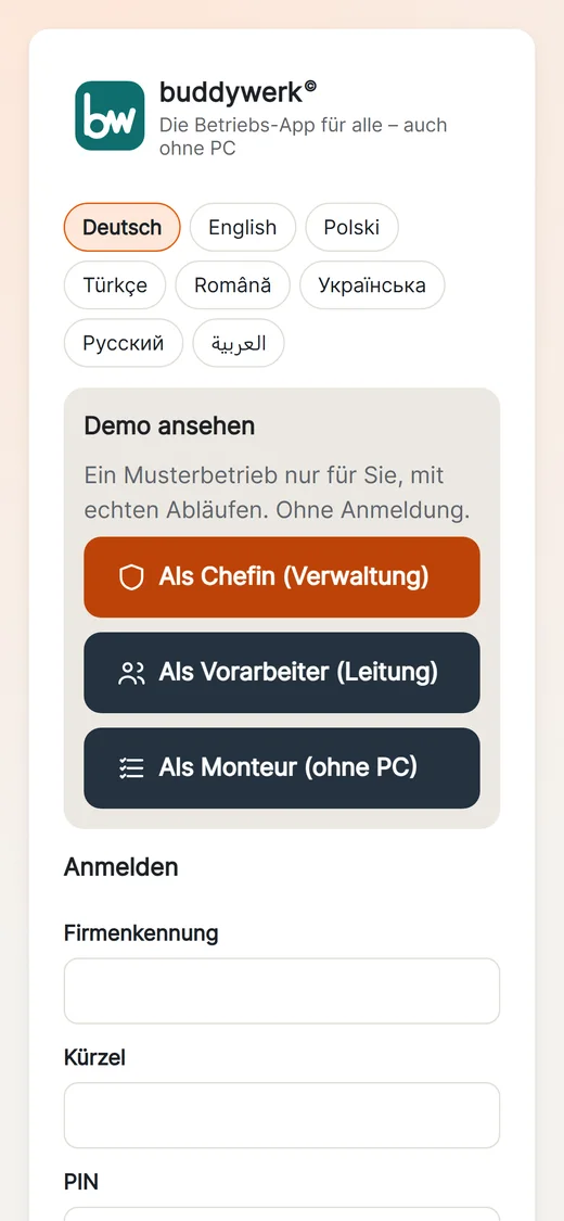buddywerk©-Anmeldeseite des Testzugangs mit Rollenwahl