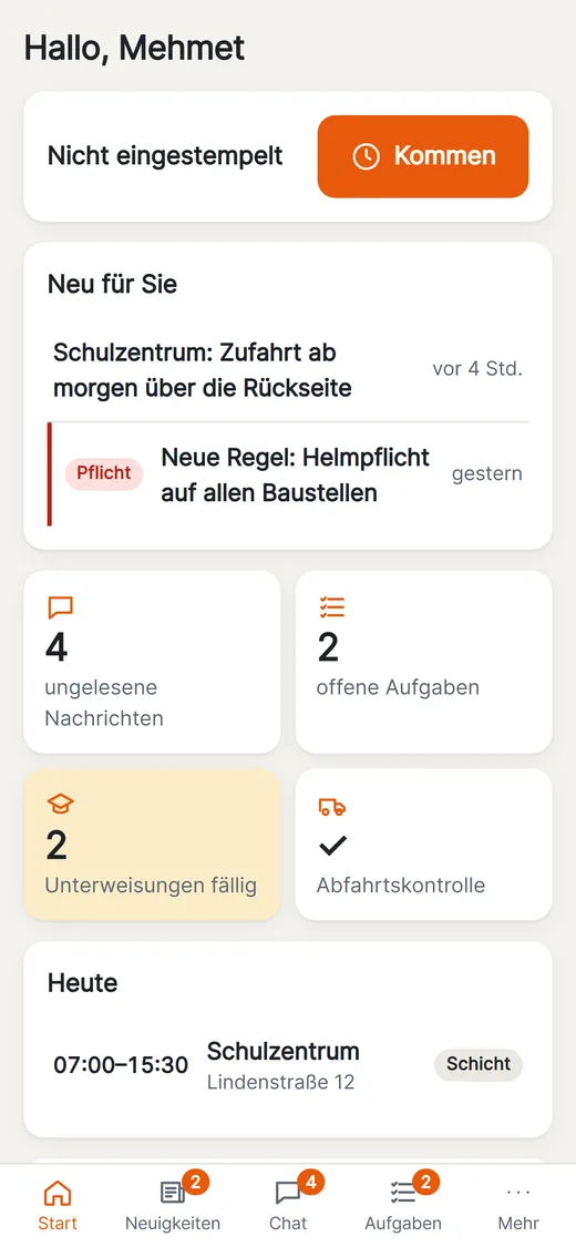 buddywerk© auf dem Handy: Startseite mit Stempel-Knopf, neuen Beiträgen und Aufgaben