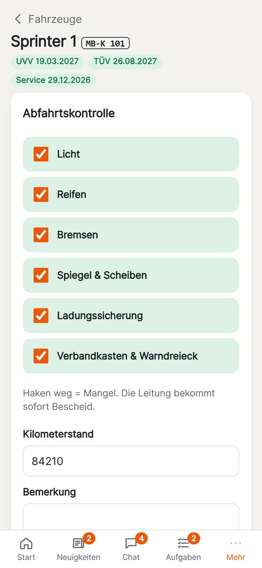 Abfahrtskontrolle mit Prüfpunkten sowie Fristen für UVV, HU und Service